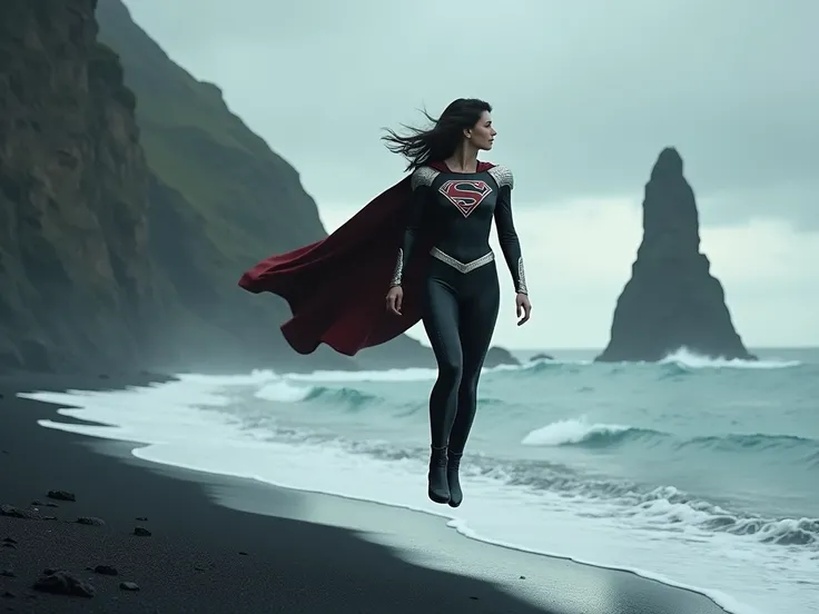 Full body shot hyper-realistic cinematic photograph from behind of Supergirl gracefully levitating very high above a black sand beach and flying towards the geometric basalt columns rising vertically along the cliffside, she is wearing a sleek, black futur...