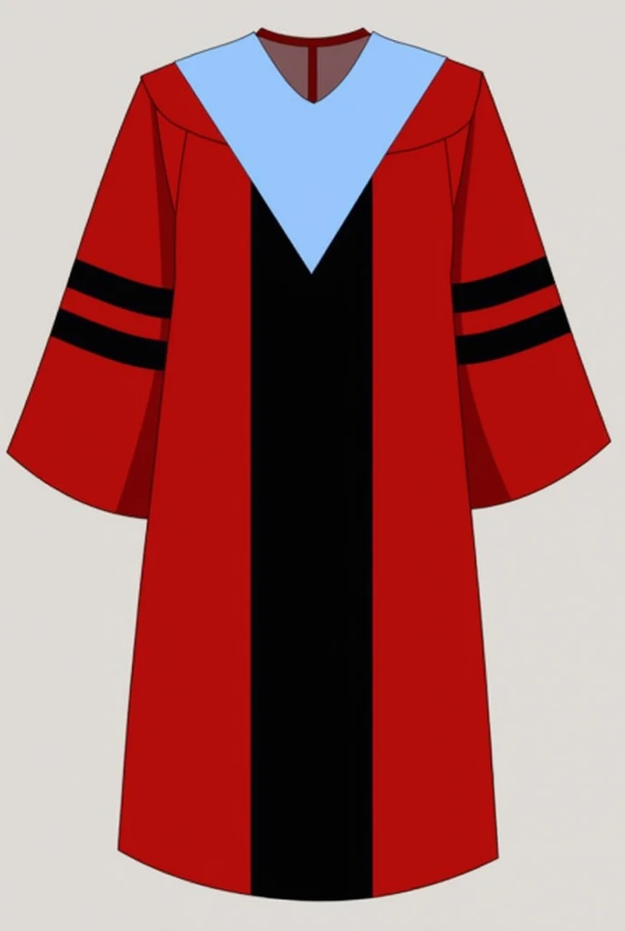 red graduation gown with a black front line then two black lines on the sleeves of the robe, and a soft blue neck triangle