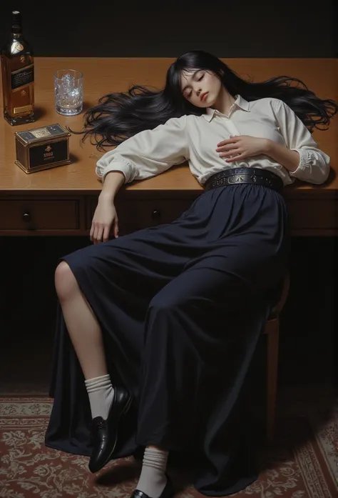 Photorealistic high school girl passed out, lying face down on a wooden table, lying flat, lying on her back, sleeping face up, sleeping, eyes closed, long black hair (+side swept hair, half tied and half loose), wearing a white puffy sleeve collared shirt...