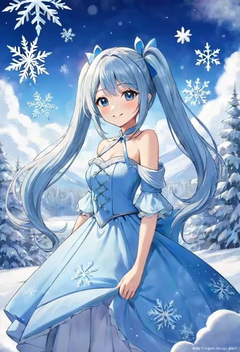  Light Blue Long Hair 、 Beautiful Girl with Twin Tails 、 princess、smile、 princess的脸出现在空中，Winter Scenery，Surreal Wonderland，、 Dreamy Clouds and Fairy Island ，( Big Snowflake :1.3)，五颜六色的 Big Snowflake 飞舞着， princess&#39; The Palace Is Covered in Snow ， The Tr...