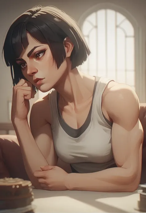 1girl, bob cut, straight bangs, side bangs, black hair, brown eyes, strong, wearing white tank top , flexing 