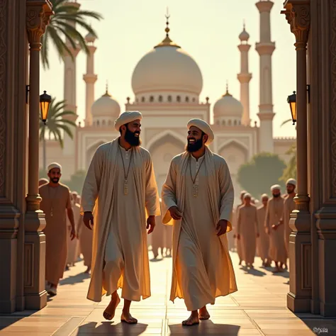 Two Muslim men happily leaving the mosque