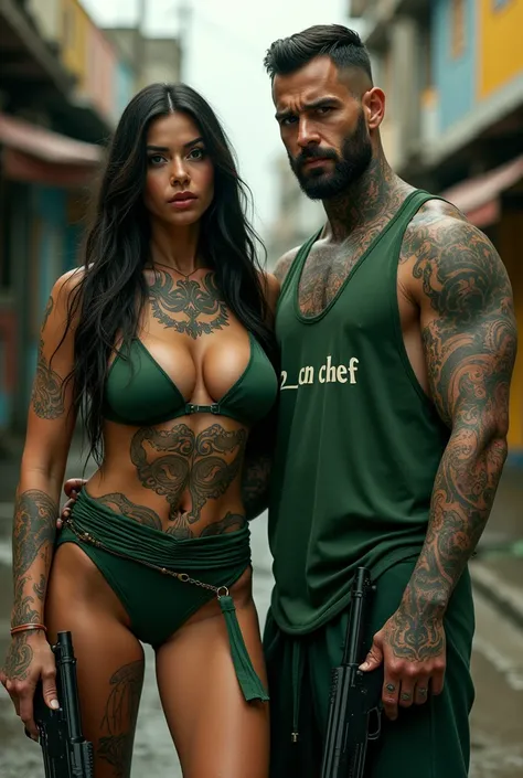  A woman with long hair and green clothes ,  big breasts and tattooed with the name CN _ CHEF in her clothes ,  next to a man in green clothes and tattooed, with the name ZOE _ MAKOLVA in his clothes ,  they are armed in a favela  