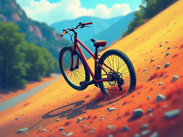  1 bicycle has fallen、Fallen down in the middle of a slope 、The bicycle is falling on its side、 colorful background、Artistic、 high image quality