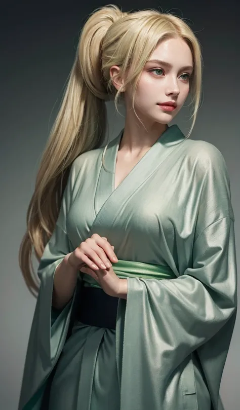 best quality, masterpiece, (photorealistic:1.4), 1girl, raw, ultra hd, dramatical light, glowing skin, big , long straight blonde hair, light green eyes color, ponytail, gray kimono, green cloak, smirk