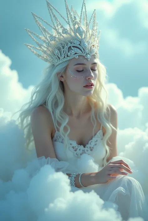 Ride the clouds，myth，immortal，Roselle ，Wear a gorgeous headdress ，Like a dream ，Film Simulation， HD， movie lights， Eyes decorated with stars ， Light blue background ， Whitening effect ，8k， Wear a diamond bracelet on your arm。