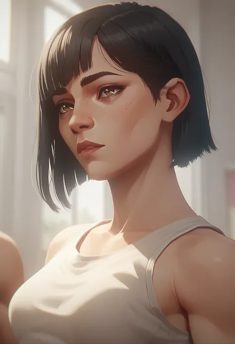 1girl, bob cut, straight bangs, side bangs, black hair, brown eyes, strong arms , wearing white tank top  