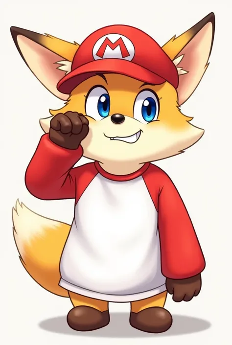 Make a fox Hello Mario cap with white shirt with long red sleeves stick his hand on his face