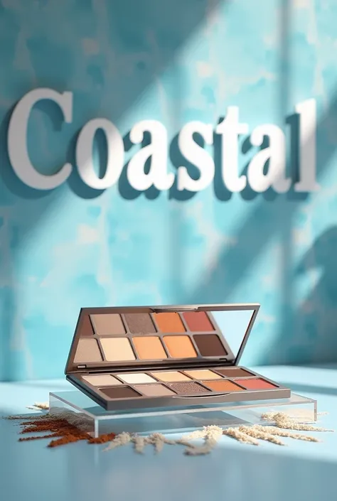 Realistic image, Zoomed in. HD. a scene being a makeup brand launch of an eyeshadow palette. Make the palette and the colros inside earth and beachy tones (tans, browns, bronze, dusty, gray colors) from A large-scale stylized backdrop for a makeup brand, c...