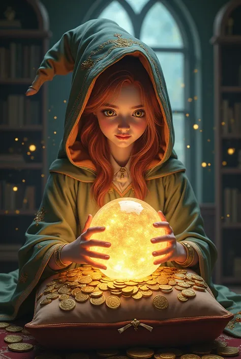 Picture of a cute female witch sitting on a cushion made of money and looking at a crystal ball