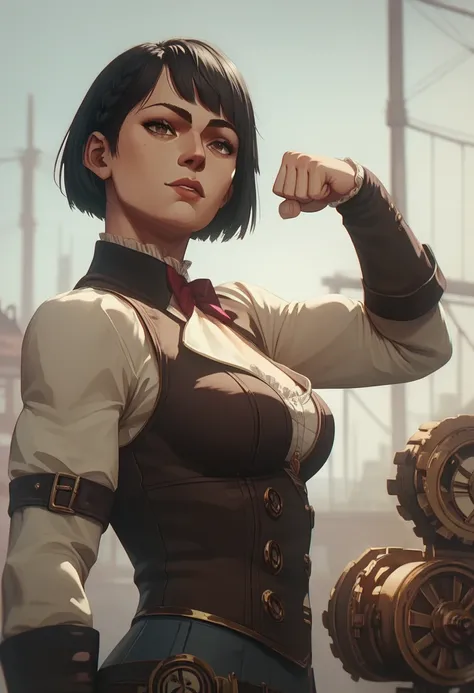 1girl, bob cut, straight bangs, side bangs, black hair, brown eyes, strong, steampunk, flexing 