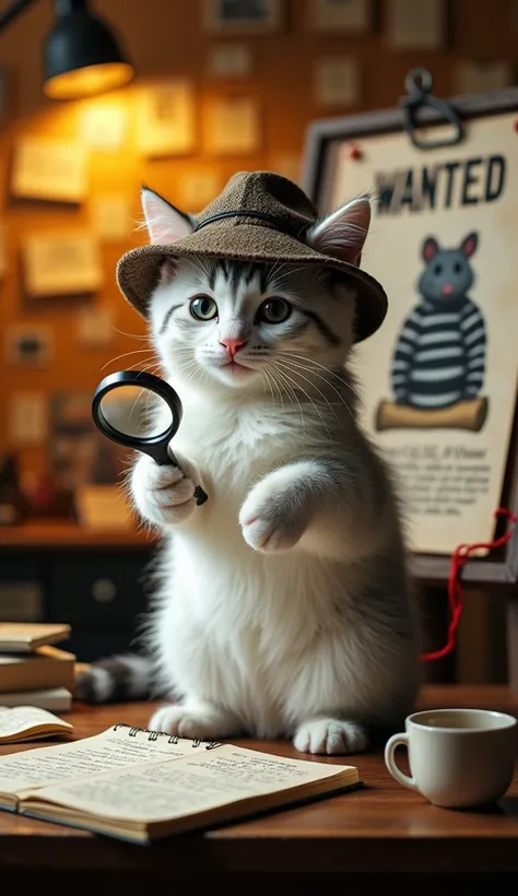  A white fluffy kitten with a black striped motif like a tiger ,  wearing a classic detective hat ,  and holding a magnifying glass in one of his hands .  Cat standing upright in front of a large investigative board filled with photos , Notes ,  and red th...