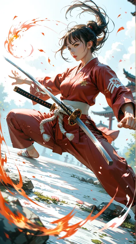  of a girl wearing a matching martial arts uniform ， I held my double sword ，In the martial arts ， with the perfect arc ， at the double sword dance {x} and caused the two swords to constantly generate fire when they collided with the air