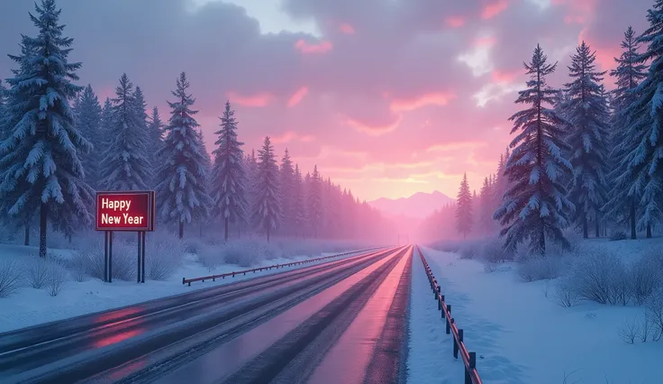 a scene of morning dawn over a highway crossing Canada, no people on the street, one small LED sign is displaying Happy New Year, another big screen is displaying 2025, neon lights, trees covered by snow, winter foliage, snowy ground, beautiful atmosphere,...