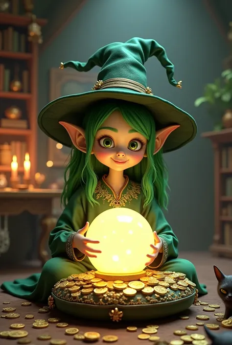 Picture of a cute green witch sitting on a cushion made of money and looking at a crystal ball