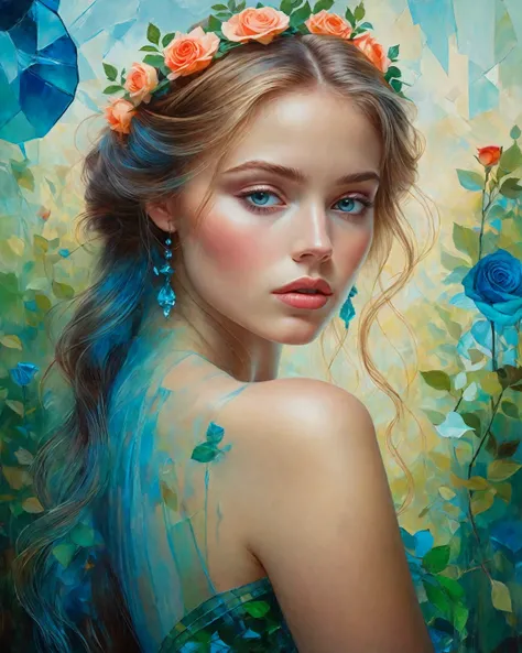 " Compose a profoundly emotional and visually striking image depicting a young Norwegian woman in the Garden of Eden,  with delicate roses in the background .  Incorporate elements of abstract art with an aspect ratio of 1 . 6 and a broken glass effect ,  ...