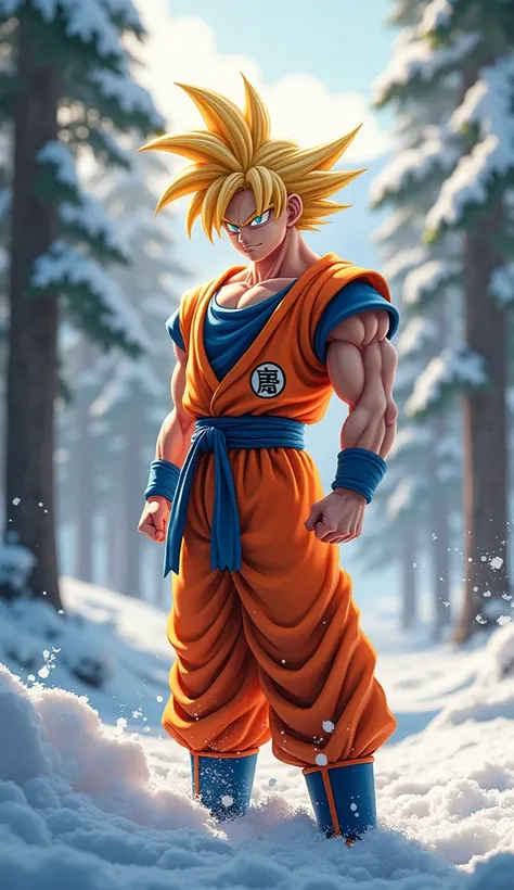 1. January - Goku
A vibrant, ultra-realistic portrait of Goku standing in a snowy, ethereal forest, his iconic orange and blue gi glowing faintly with energy. His Super Saiyan hair glistens like gold, reflecting the soft sunlight streaming through the icy ...