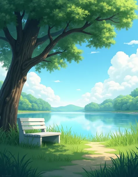 Capture the serene beauty of a lakeside scene. Depict a lush, green park with a large, leafy tree providing shade over a quaint white bench, facing calm waters. Reflect fluffy clouds drifting across a bright blue sky. Illustrate tall grasses in vibrant gre...