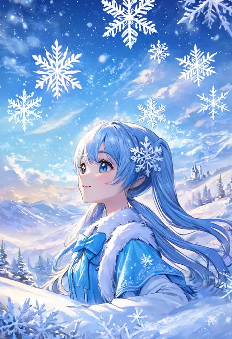  Light Blue Long Hair 、 Beautiful Girl with Twin Tails 、 princess、smile、 princess的脸出现在空中，Winter Scenery，Surreal Wonderland，、 Dreamy Clouds and Fairy Island ，( Big Snowflake :1.3)，五颜六色的 Big Snowflake 飞舞着， princess&#39; The Palace Is Covered in Snow ， The Tr...