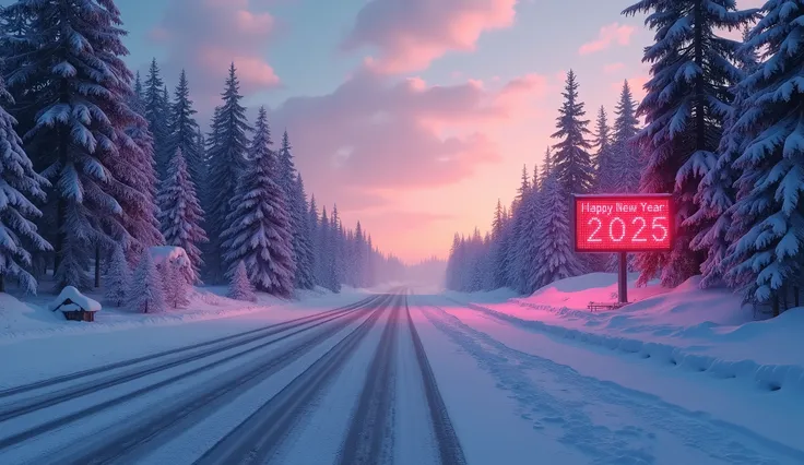 a scene of morning dawn over a highway crossing Canada, no people on the street, one small LED sign is displaying Happy New Year, another LED screen is displaying 2025, neon lights, trees covered by snow, winter foliage, snowy ground, beautiful atmosphere,...