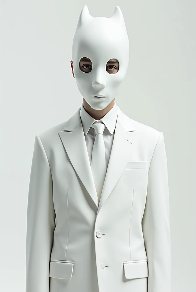 Make a 15-year-old boy wearing a white mask covering my face except my eyes to be able to see and wearing a white suit with a tie
