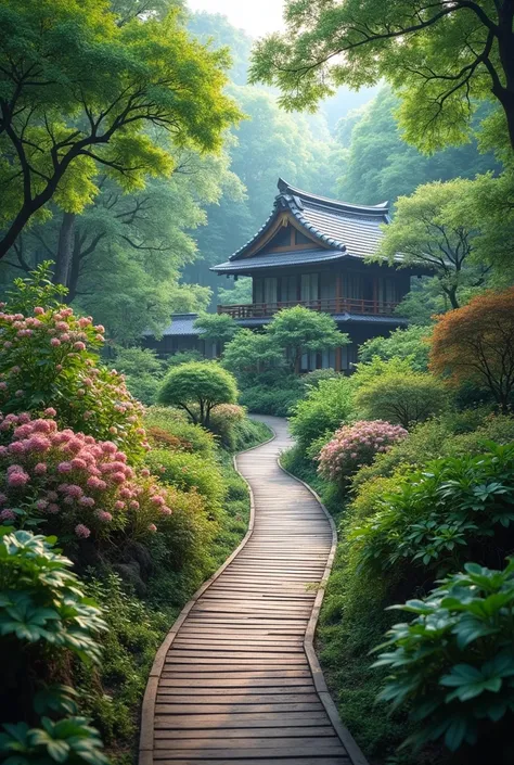 a close up of a wooden walkway with a bunch of flowers, lush japanese landscape, blossoming path to heaven, lush scenic landscape, stunning nature in background, nature wallpaper, misty garden, japan lush forest, made of tree and fantasy valley, a beautifu...