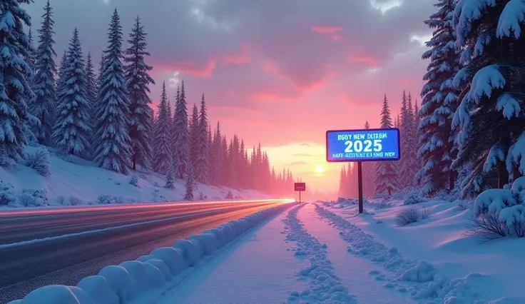 a scene of morning dawn over a highway crossing Canada, no people on the street, one small LED sign is displaying Happy New Year, another LED screen is displaying 2025, neon lights, trees covered by snow, winter foliage, snowy ground, beautiful atmosphere,...