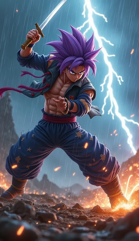 6. June - Trunks
A cinematic action scene of Future Trunks slashing his sword mid-battle, with sparks flying. His torn jacket and pants reflect the intensity of the fight. His purple hair flows in the wind as his Super Saiyan aura radiates around him. Back...