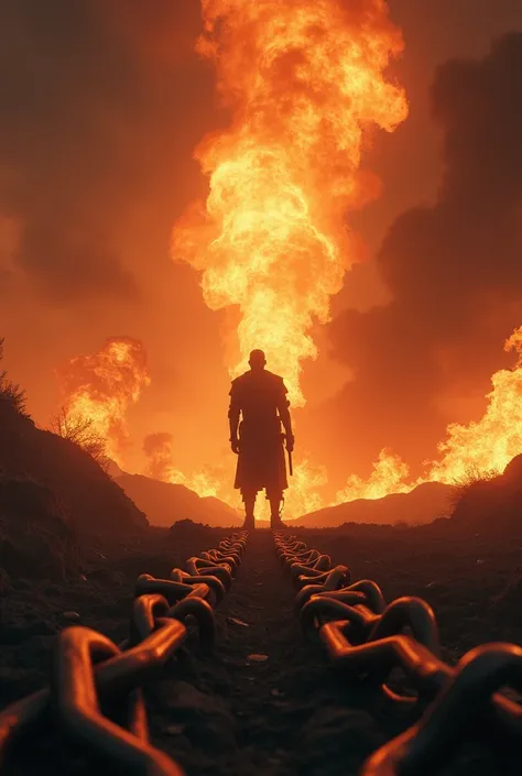 "Create a cinematic scene symbolizing the phrase Freedom is war. Depict a battlefield of life challenges, with chains breaking apart in the foreground to symbolize liberation. In the distance, a warrior figure stands tall with a blazing torch, surrounded b...