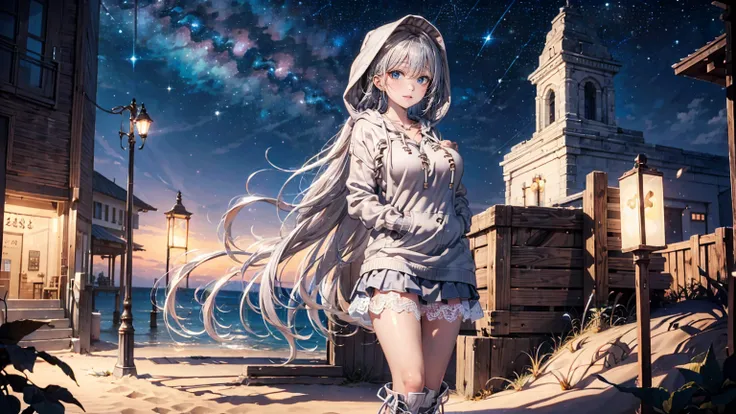 ((beach at night with beautiful stars:1.3)), ((Wariza on the beach:1.3)), ((looking away, look up at the starry sky:1.5)), BREAK, ((18-years old)), (silver long hair:1.5), reflective hair, ((focus face)), (natural skin:1.3), (natural looking makeup:1.5), (...