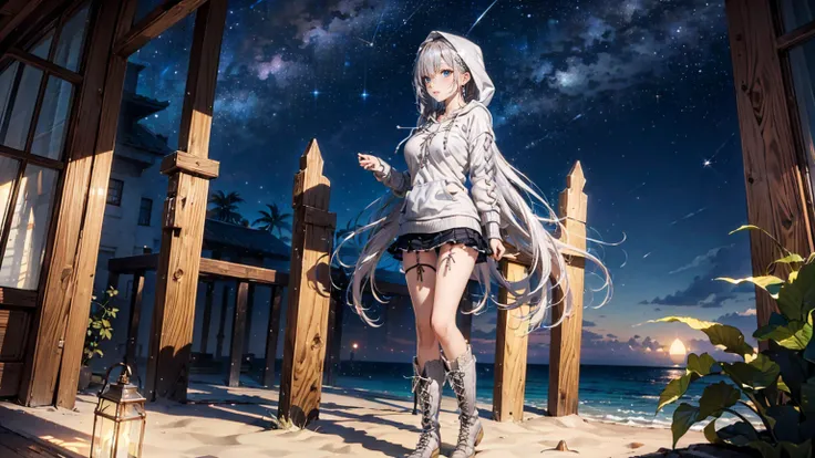 ((beach at night with beautiful stars:1.3)), ((Wariza on the beach:1.3)), ((looking away, look up at the starry sky:1.5)), BREAK, ((18-years old)), (silver long hair:1.5), reflective hair, ((focus face)), (natural skin:1.3), (natural looking makeup:1.5), (...