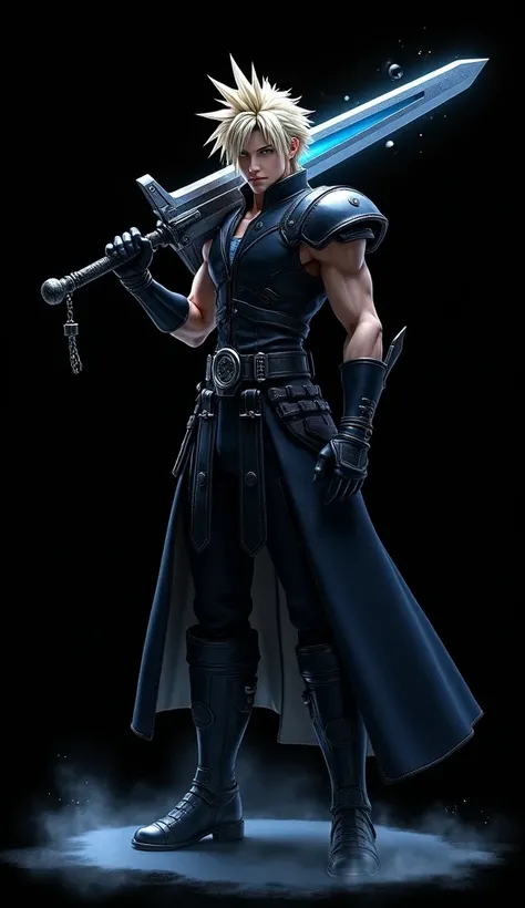  A dramatic depiction of Cloud Strife from Final Fantasy VII ,  standing confidently against a completely black background , holding the enormous sword Buster over his shoulder .  The sword glows dimly with an aura of blue energy and small particles of lig...