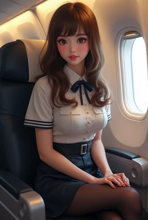  high res,  top quality ,  detail ,  high definition model ,  very detailed,  textured skin , Brown Hair,  natural perm,  very big breasts , ,Reality,  Japanese Mature Woman、The shoulders are broad、 big eyes、 thick lips 、 clear lashes 、Airplane seat、 cabin...