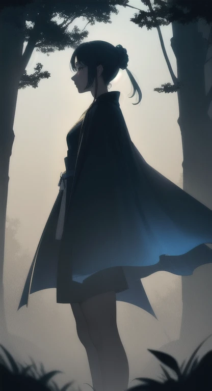 Foggy Forest, ancient female creature, celestial being silhouette, Selyne, Greek robes, shadow figure, glowing blue eyes, eyes in the fog, wings,  side view,