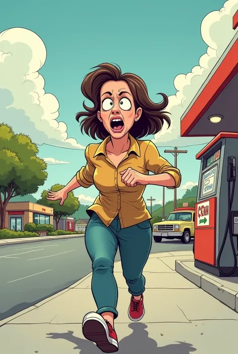 Cartoon: Lady in a hurry going to the gas station bathroom