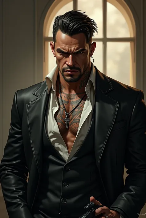 a 2d image of a handsome tall rich mobster with tattoos and bad guys