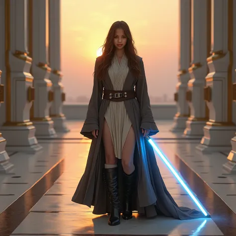  Use this image and create a woman with the same face  (( realistic )) With long brown hair .  He wears gray and dark gray Jedi robes .  He wears dark gray knee-high boots.  He wears a single-bladed blue lightsaber.  She is standing in the middle of a shin...