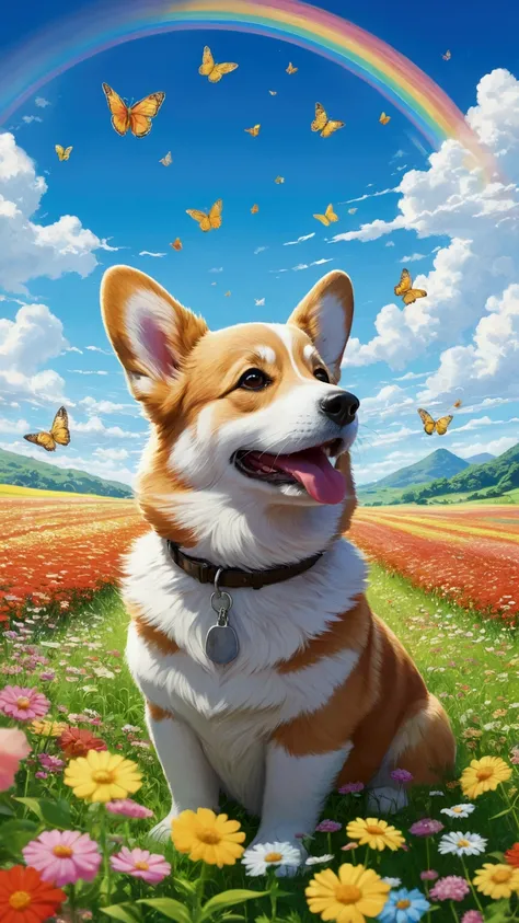 Shinkai Makoto taste , Flower Field, Beautiful blue sky, １Corgi puppy , Makoto Shinkai-style anime, Romantic Scenery,  healing scene , hope, cute,There&#39;In the Rainbow , Shining dew,  after the rain,  Butterflies Are Flying ,Wide Area Angle , Dogs draw ...