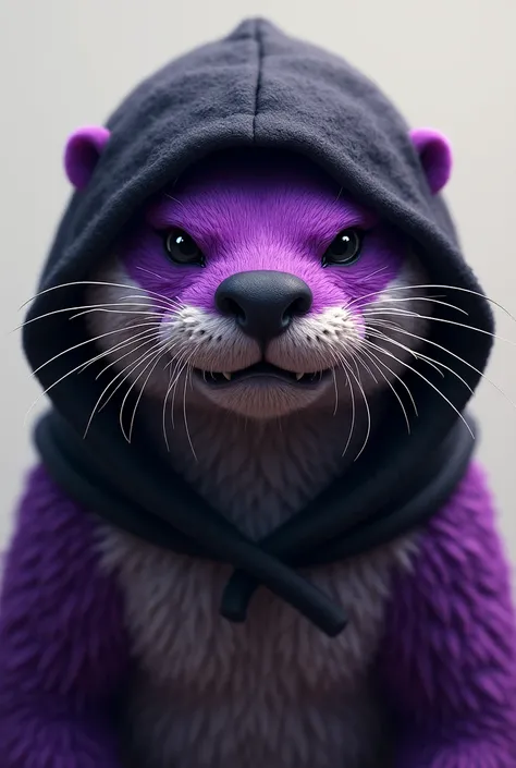 A violet otter with black details with a black hood and that is angry 