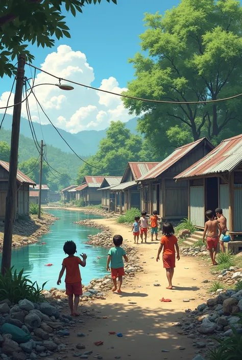 This is a picture of a village. A river passes by this side. Garbage by that river and tin houses next to it. ren are playing while learning.
