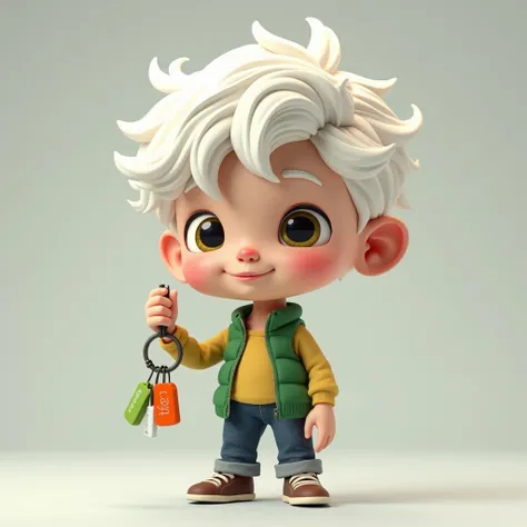 3D caricature of a boy with white hair, key chain. High-quality realistic photo, and there is the name "Doc Abel" in 3D letter style, embossed and realistic, in green yellow, indium white and black, 