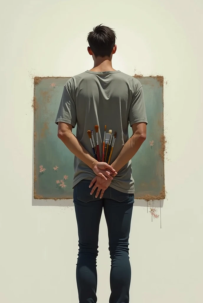 can you make me a picture of a male character, standing facing behind , then he holds some painting tools like a painting brush that he holds and hides behind his body 