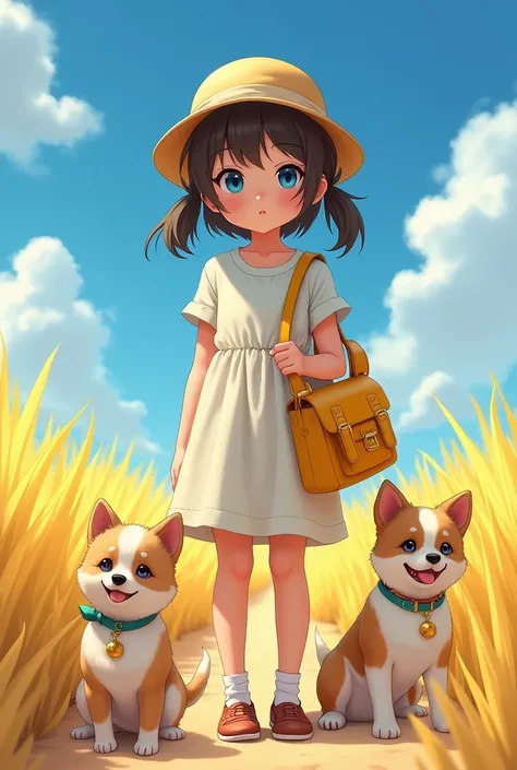 fille d&#39;anime avec un (((sac à dos jaune))) et (((quatre chiens dans un champ de cocotiers))), ((((yeux bleus fille)))), (((La fille porte un bonnet))), art numérique mignon et détaillé, adorable peinture digitale, ((((caméra devant un personnage)))), ...