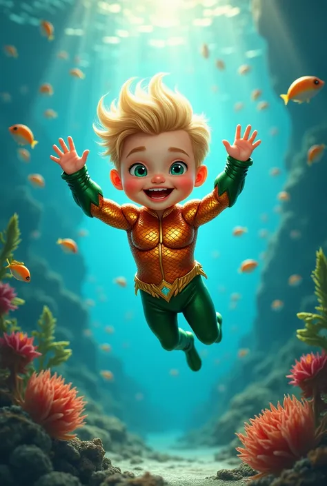 Baby Aquaman in the sea waving while amazing smiling