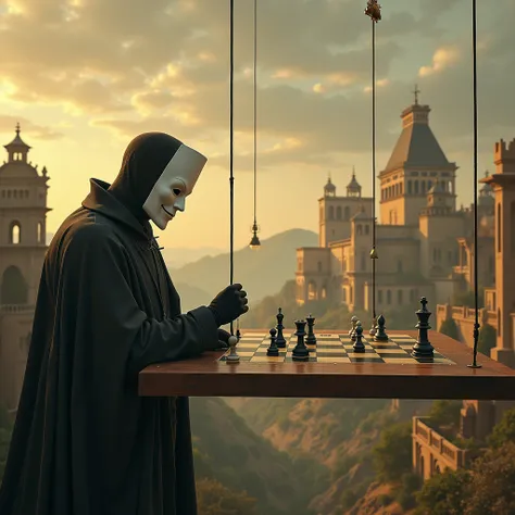  A masked man with the white mask ,  playing chess on a board suspended by strings, against a Renaissance landscape background ,  representing the delicate balance of power .