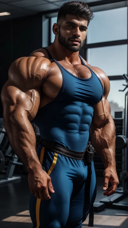 A 30 years old handsome indian latino tall huge wide muscular dream police officer uniform man doing wild smooching kissing with his short gym tank and short weared short length man in gym with perfect gym background, muscular men, muscular attractive men,...