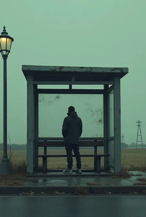 A person standing at a deserted bus stop, staring at a bus.