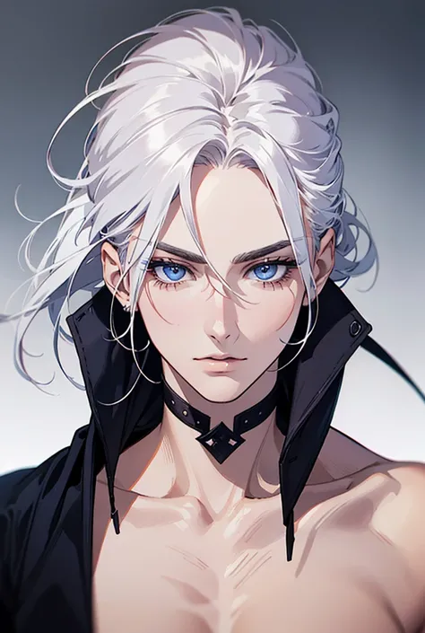  make me a digital illustration of characters from books / video games of a male character who is 19 years old ,  must have very long, smooth white hair.  His skin is very pale so pale that you can see the color of his Venas , He has long and thin eyelashe...