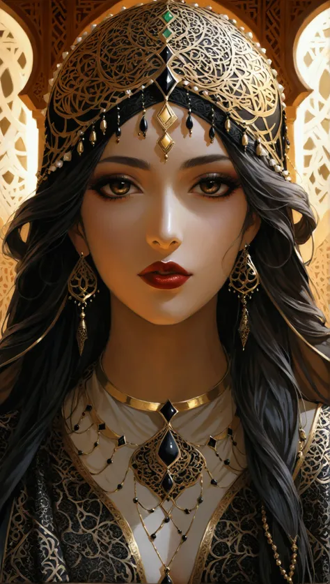 Santiago Caruso style  ,  Mike Azevedo style  ，  one girl ， Majestic Arabic style costumes, incredibly long hair ,,  looks at the viewer  , dominance,  soft lighting ,  black Arabic lipstick ,  Islamic decorations , Islamic costume ,  Arabic power 
