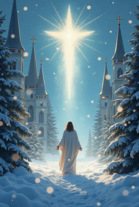 create a bg for christmas, it should be religious, focous on christianity, snow fall, digital artstyle